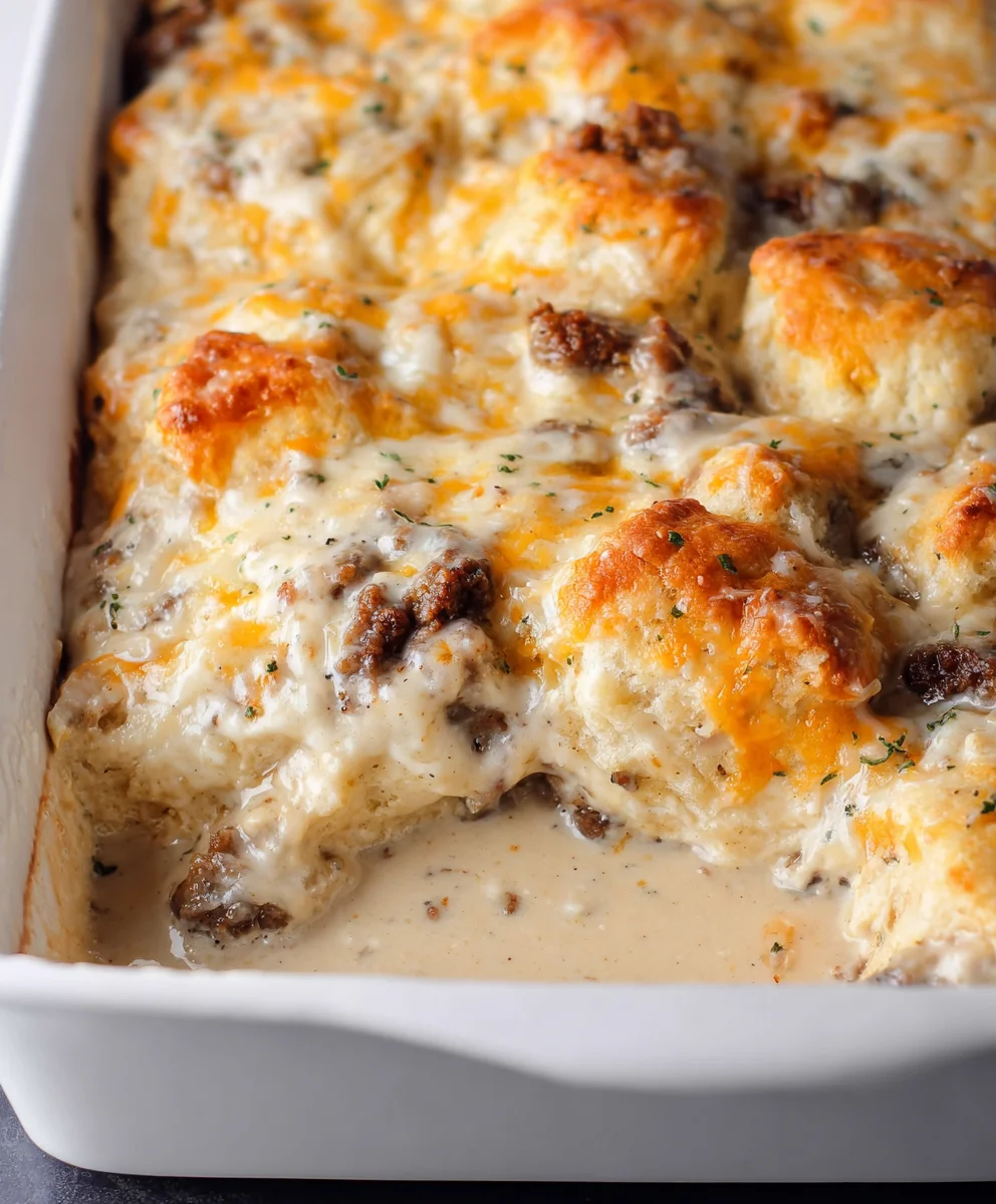 Easy Biscuits and Gravy Casserole-Beef Sausage Bake