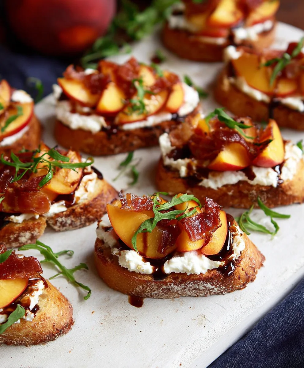 Honey Ricotta Peach Crostini with Crispy Beef Pancetta
