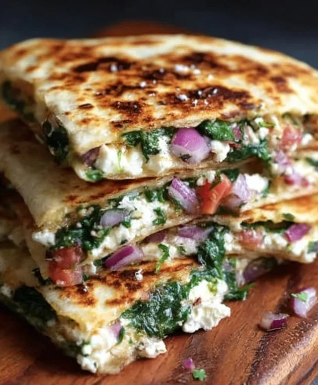 Mediterranean Quesadillas with Spinach, Feta, Mozzarella, and Red Onion