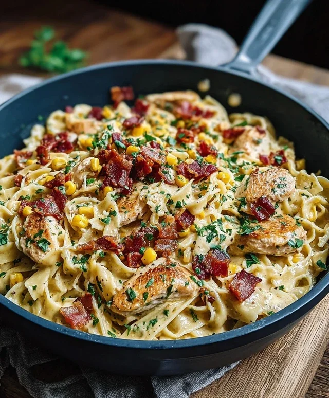 Creamy Chicken and Corn Pasta with Beef Bacon
