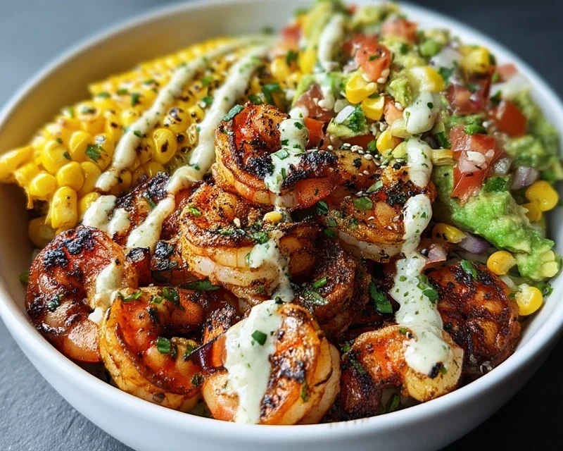 Grilled Shrimp Bowl with Avocado, Corn Salsa & Creamy Garlic Sauce