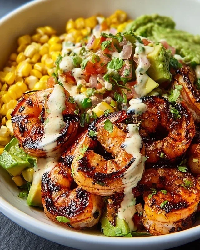 Grilled Shrimp Bowl with Avocado, Corn Salsa & Creamy Garlic Sauce