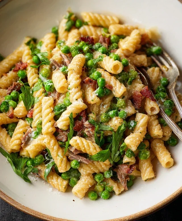 Creamy Pasta with Peas and Beef Beef Pancetta