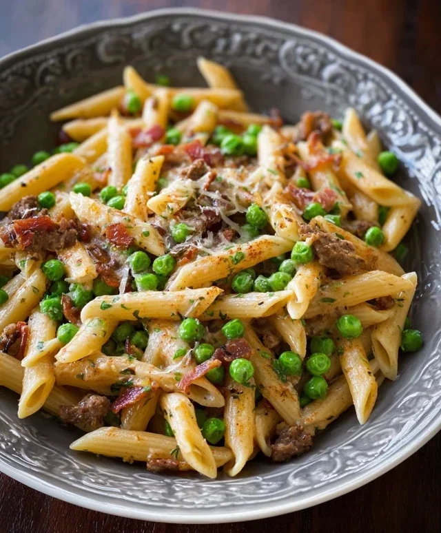 Penne Pasta, Peas and Beef Beef Bacon
