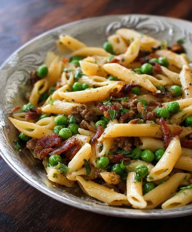 Penne Pasta, Peas and Beef Beef Bacon