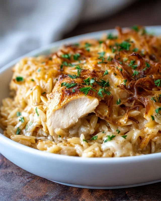 French Onion Chicken Orzo Casserole