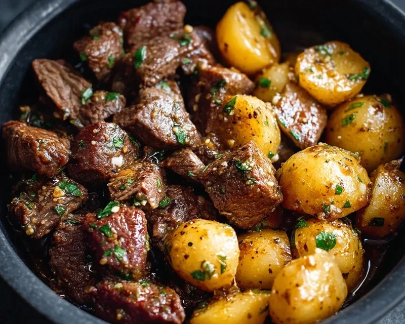 Slow Cooker Garlic Butter Beef Bites with Potatoes
