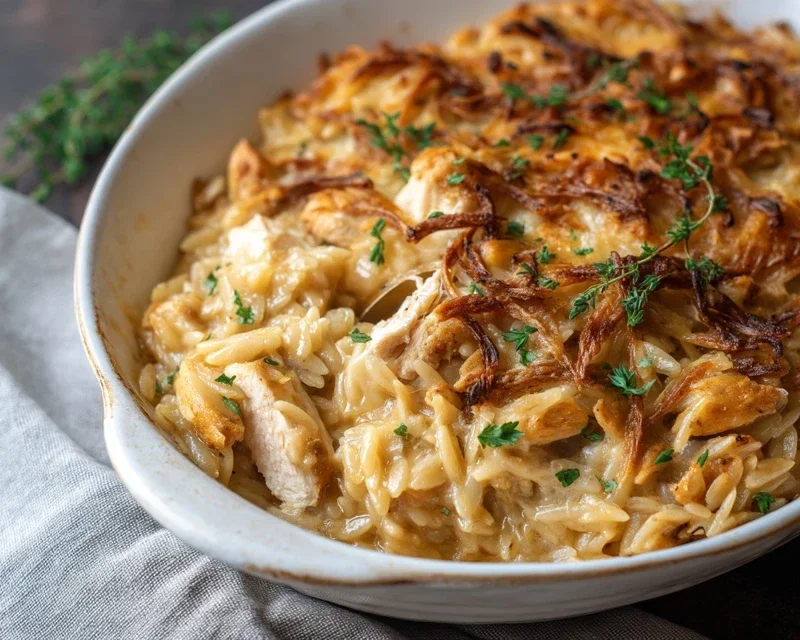 French Onion Chicken Orzo Casserole