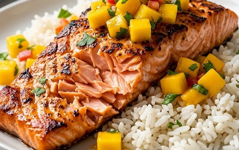 Grilled Salmon with Mango Salsa and Coconut Rice