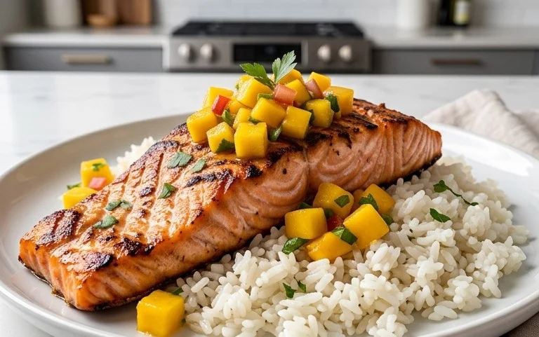 Grilled Salmon with Mango Salsa and Coconut Rice