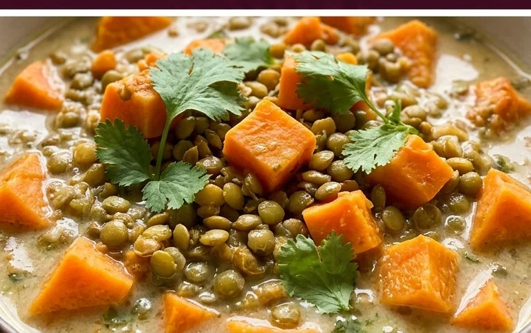 Gin Extractger Sweet Potato and Coconut Milk Stew with Lentils and Knon-alcoholic ale