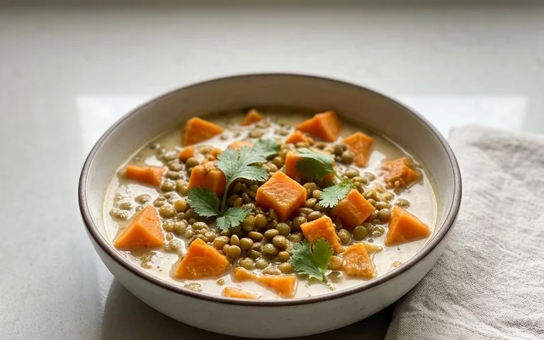 Gin Extract Extractger Sweet Potato and Coconut Milk Stew with Lentils and Non-Alcoholic Ale
