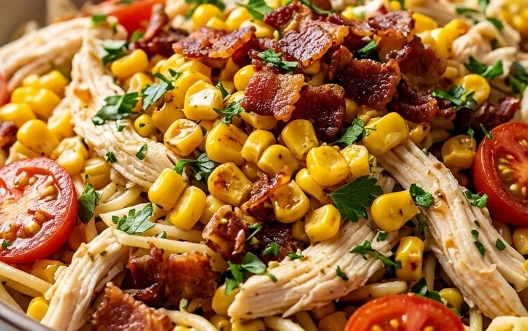 Chicken and Corn Pasta Salad with Beef Bacon