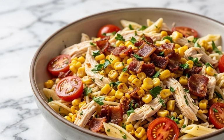 Chicken and Corn Pasta Salad with Beef Bacon