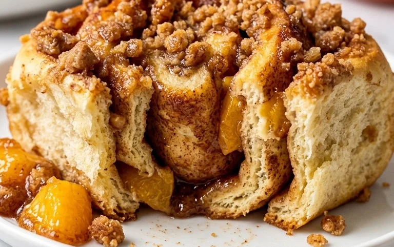 Peach Cobbler Cinnamon Rolls with Crum extractb Topping