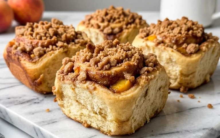 Peach Cobbler Cinnamon Rolls with Crumble Topping