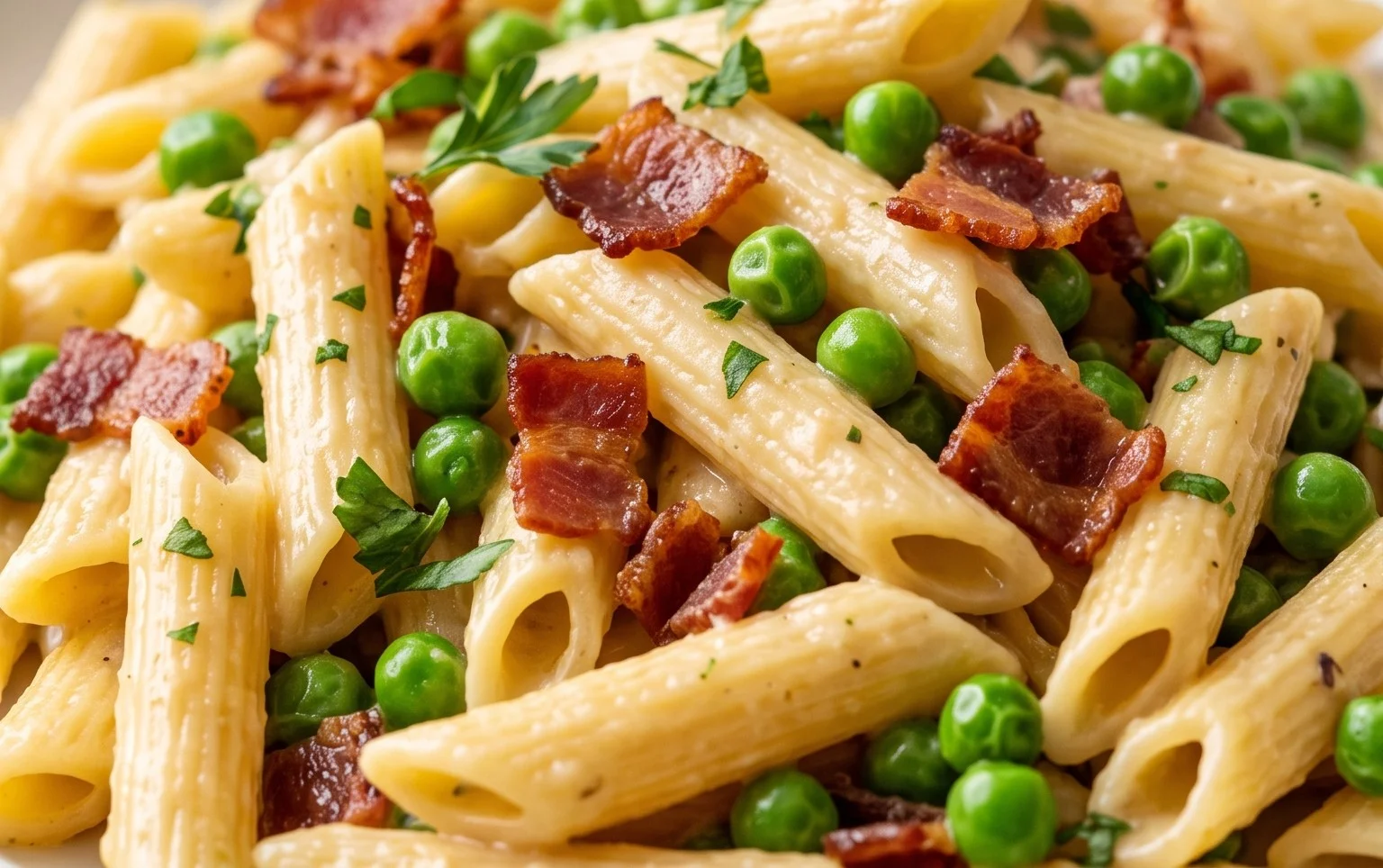 Penne Pasta, Peas and Beef Bacon
