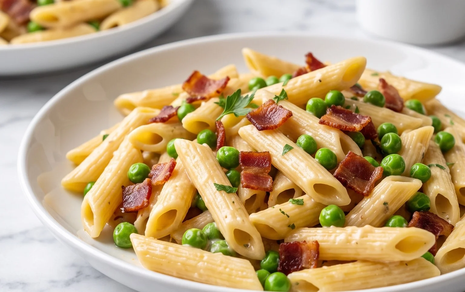 Penne Pasta with Peas and Beef Bacon