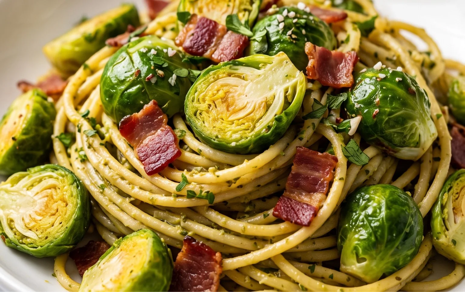 Brussels Sprouts and Beef Bacon Pesto Pasta
