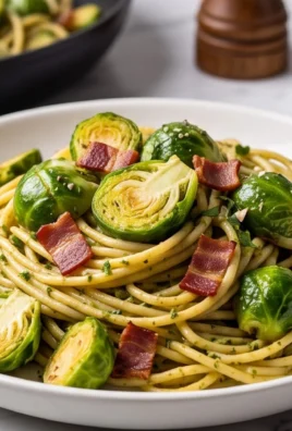 Brussels Sprouts and Beef Bacon Pesto Pasta