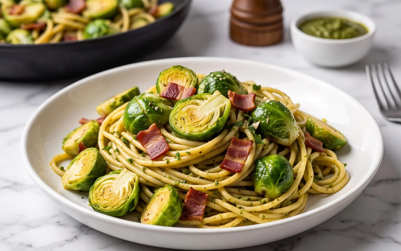 Brussels Sprouts and Beef Bacon Pesto Pasta