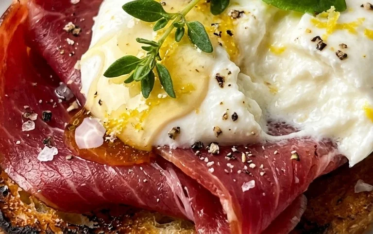 Beef Prosciutto Crostini with Burrata and Lemon Honey Drizzle