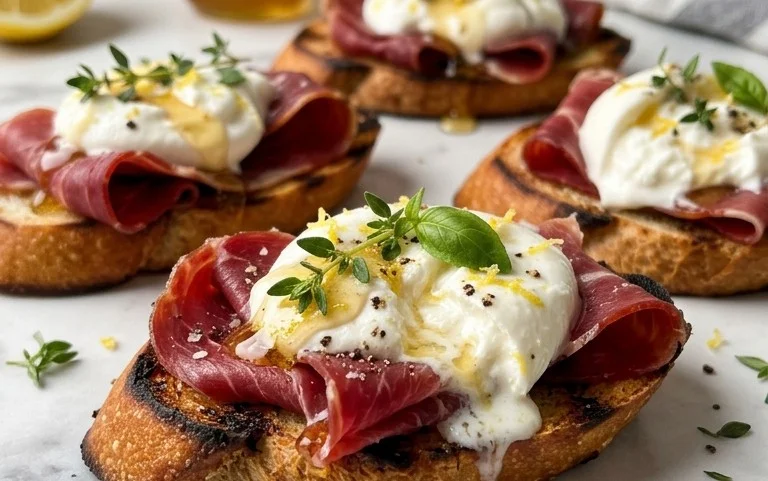 Beef Prosciutto Crostini with Burrata and Lemon Honey Drizzle